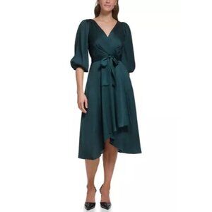 DKNY Blouson Sleeve Wrap Fit and Flare Dress Green Size 12 NEW